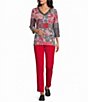 Allison Daley Petite Size Patchwork Print 3/4 Sleeve V-Neck Embellished Top - Image 3