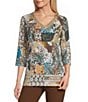 Allison Daley Petite Size Patchwork Print 3/4 Sleeve V-Neck Embellished Top - Image 1