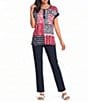 Allison Daley Petite Size Patchwork Stripe Americana Short Sleeve Crew Neck Knit Top - Image 3