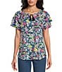 Allison Daley Petite Size Picnic Bouquet Print Flutter Sleeve Tassel Tie Neck Knit Top, Color:Indigo Picnic Bouquet - Image 1
