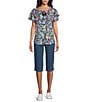 Allison Daley Petite Size Picnic Bouquet Print Flutter Sleeve Tassel Tie Neck Knit Top, Color:Indigo Picnic Bouquet - Image 3