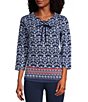 Color:Ikat Border - Image 1 - Petite Size Printed 3/4 Sleeve Lace-Up Crew Neck Knit Top