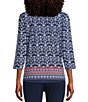 Color:Ikat Border - Image 2 - Petite Size Printed 3/4 Sleeve Lace-Up Crew Neck Knit Top