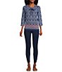 Color:Ikat Border - Image 3 - Petite Size Printed 3/4 Sleeve Lace-Up Crew Neck Knit Top