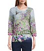 Color:Rose Reflect - Image 1 - Petite Size Rose Placement Print Embellished 3/4 Sleeve Jewel Neck Knit Top