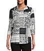 Allison Daley Petite Size Textured Print 3/4 Sleeve Envelope Button Neck Top, Color:Black Autumn Textured - Image 1