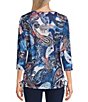 Color:Watercolor Paisley - Image 2 - Petite Size Watercolor Paisley Print 3/4 Sleeve Crew Neck Ruched Side Tie Knit Top