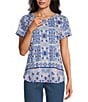 Allison Daley Pink Folk Tile Print Short Sleeve Keyhole Neck Knit Top, Color:French Rose Pink Folk Tile - Image 1