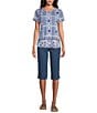 Allison Daley Pink Folk Tile Print Short Sleeve Keyhole Neck Knit Top, Color:French Rose Pink Folk Tile - Image 3
