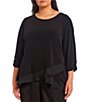 Color:Black - Image 1 - Plus Size 3/4 Ruched Sleeve Cross Over Ruffle Hem Round Neck Top