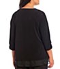 Color:Black - Image 2 - Plus Size 3/4 Ruched Sleeve Cross Over Ruffle Hem Round Neck Top