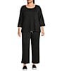 Allison Daley Plus Size 3/4 Sleeve Crew Neck Drawstring Hem Scuba Knit Top, Color:Black - Image 3
