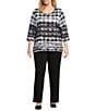Allison Daley Plus Size Black Abstract Checks Print 3/4 Sleeve Crew Neck Knit Top, Color:Black Abstract Checks - Image 3