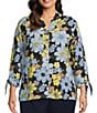 Color:Daisy Power - Image 1 - Plus Size Crinkle Floral Print Tie 3/4 Sleeve Y-Neck Button Front Top