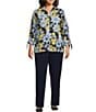 Color:Daisy Power - Image 3 - Plus Size Crinkle Floral Print Tie 3/4 Sleeve Y-Neck Button Front Top
