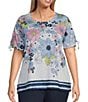 Allison Daley Plus Size Daisy Cascade Border Print Short Ruched Tie Sleeve Crew Neck Knit Top, Color:Indigo Daisy Cascade Border - Image 1