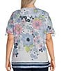 Allison Daley Plus Size Daisy Cascade Border Print Short Ruched Tie Sleeve Crew Neck Knit Top, Color:Indigo Daisy Cascade Border - Image 2