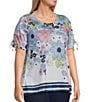 Allison Daley Plus Size Daisy Cascade Border Print Short Ruched Tie Sleeve Crew Neck Knit Top, Color:Indigo Daisy Cascade Border - Image 3