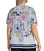 Allison Daley Plus Size Daisy Cascade Border Print Short Ruched Tie Sleeve Crew Neck Knit Top, Color:Indigo Daisy Cascade Border - Image 4