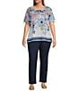Allison Daley Plus Size Daisy Cascade Border Print Short Ruched Tie Sleeve Crew Neck Knit Top, Color:Indigo Daisy Cascade Border - Image 5