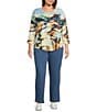 Allison Daley Plus Size Deep Forest Autumn Prairie Print Embellished 3/4 Sleeve Crew Neck Knit Top, Color:Deep Forest Autumn Prairie - Image 3