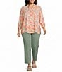 Allison Daley Plus Size Desert Flower Print 3/4 Tie Sleeve Point Collar Button Front Blouse - Image 3