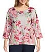 Color:Butterfly Border - Image 1 - Plus Size Embellished Butterfly Floral Print 3/4 Sleeve Crew Neck Knit Top