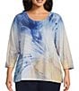 Color:Navy Butterfly - Image 1 - Plus Size Embellished Butterfly Print 3/4 Sleeve Crew Neck Knit Top