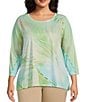 Color:Sap Green Butterfly - Image 1 - Plus Size Embellished Butterfly Print 3/4 Sleeve Crew Neck Knit Top