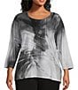 Color:Black/White Butterfly - Image 1 - Plus Size Embellished Butterfly Print 3/4 Sleeve Crew Neck Knit Top