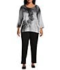 Color:Black/White Butterfly - Image 3 - Plus Size Embellished Butterfly Print 3/4 Sleeve Crew Neck Knit Top