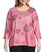 Color:Chateau Rose Hearts - Image 1 - Plus Size Embellished Cascading Hearts Print 3/4 Sleeve Crew Neck Knit Top