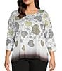 Allison Daley Plus Size Embellished Cascading Hearts Print 3/4 Sleeve Crew Neckline Knit Top, Color:Black/White Hearts - Image 1
