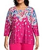 Allison Daley Plus Size Embellished Floral Print 3/4 Sleeve Crew Neck Linear Jacquard Knit Top, Color:Raspberry Placed/Tossed Floral - Image 1