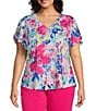 Allison Daley Plus Size Embellished Floral Print Short Tulip Sleeve V-Neck Knit Top, Color:Raspberry Ethereal Garden - Image 1