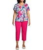 Allison Daley Plus Size Embellished Floral Print Short Tulip Sleeve V-Neck Knit Top, Color:Raspberry Ethereal Garden - Image 3