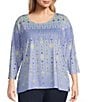 Allison Daley Plus Size Embellished Folk Stitch Print 3/4 Sleeve Crew Neck Knit Top, Color:Chambray Folk Stitch - Image 1