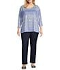 Allison Daley Plus Size Embellished Folk Stitch Print 3/4 Sleeve Crew Neck Knit Top, Color:Chambray Folk Stitch - Image 3