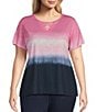 Allison Daley Plus Size Embellished Ombre Print Short Sleeve Keyhole Neck Knit Top, Color:Indigo Ombre Tie Dye - Image 1