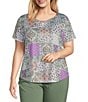 Allison Daley Plus Size Embellished Paisley Patch Print Short Sleeve Keyhole Neck Knit Top, Color:Amethyst Paisley Patch - Image 1