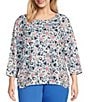 Color:Tossed Hearts - Image 1 - Plus Size Embellished Tossed Hearts Print 3/4 Sleeve Crew Neck Knit Top