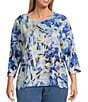 Allison Daley Plus Size Embellished Tropical Villa Print 3/4 Sleeve Crew Neck Knit Top, Color:Tropical Villa - Image 1