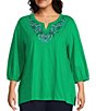 Allison Daley Plus Size Embroidered 3/4 Cuff Sleeve Split V-Neck Top,All Products : American Fashion Style Bags On Sale Allison Daley Plus Size Embroidered 3/4 Cuff Sleeve Split V-Neck Top,All Products : American Fashion Style Bags On Sale