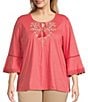 Allison Daley Plus Size Embroidered 3/4 Sleeve Split V-Neck Sweater, Color:Coral Embroidery - Image 1