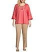 Allison Daley Plus Size Embroidered 3/4 Sleeve Split V-Neck Sweater, Color:Coral Embroidery - Image 3