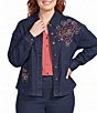 Allison Daley Plus Size Embroidery Detail Long Sleeve Button Front Point Collar Stretch Denim Jacket - Image 1