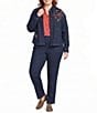 Allison Daley Plus Size Embroidery Detail Long Sleeve Button Front Point Collar Stretch Denim Jacket - Image 3