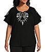 Color:Bloom Embroidery - Image 1 - Plus Size Floral Embroidered Flutter Sleeve Tie Neck Blouse