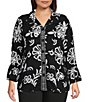Allison Daley Plus Size Floral Print 3/4 Flounce Sleeve Button Front Point Collar Top - Image 1