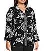 Allison Daley Plus Size Floral Print 3/4 Flounce Sleeve Button Front Point Collar Top - Image 3